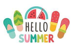 Cute Summer Design with Hello Summer Text, Flip Flops, and Watermelon on White vector