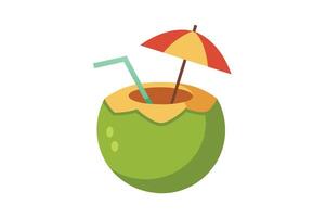 Flat Design Green Coconut with Straw and Decorative Umbrella on White Background vector