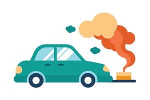 Flat Green Car with Orange Smoke, White Background, Pollution, Simple vector