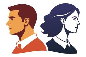 Abstract Man and Woman Profile Heads on White Background, Flat Portrait vector