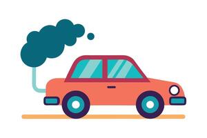 Orange Car with Teal Windows and Exhaust Fumes in Flat vector