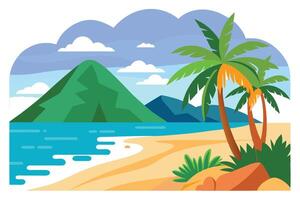Cartoon Beach with Palm Trees, Sand, Ocean, Mountains and Cloudy Sky vector