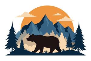 Silhouette of Bear Walking Through Mountain Landscape with Trees and Clouds vector