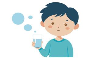 Cartoon Boy with Glass of Water and Bubbles on White Backdrop vector