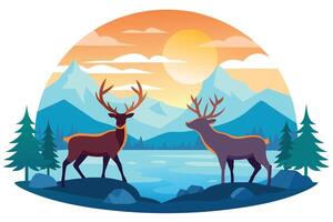 Two Flat Design Reindeer with Antlers Overlooking Lake, Forest, and Mountain Range vector