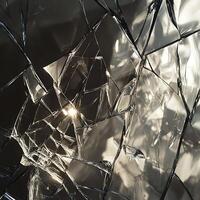 A broken glass window with the sun shining through it photo