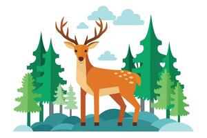 Deer in Forest with Evergreen Trees on White Background vector