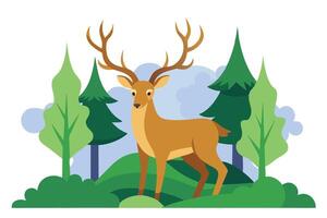 Cartoon Deer with Antlers in a Forest on White Background Flat Design vector