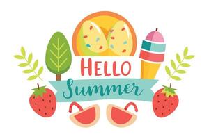 Summer Fun Flat Icon Composition with Strawberries, Palm Tree, Ice Cream and Sandals vector