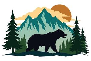 Bear Silhouette with Mountains Evergreen Trees and Setting Sun in Nature vector