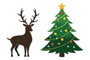 Festive Reindeer Silhouette and Decorated Christmas Tree on a White Background vector