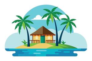Cartoon Island Getaway with Palm Trees, Sandy Beach, and Beach Hut vector