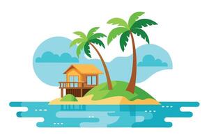 Tropical Island Flat with Palm Trees House Isolated Design vector