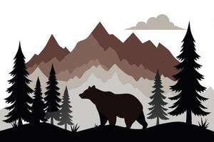 Flat Design of Forest Silhouette with Brown Bear, Mountains, Coniferous Trees and Clouds vector