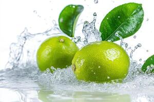 Fresh limes with leaves on white background photo