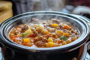 Slow cooker with steam rising from a hearty stew photo