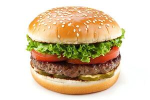 A hamburger with lettuce and tomato on a white background photo