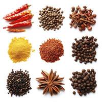 Various spices and herbs on a white background photo