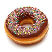 A chocolate donut with sprinkles on a white background photo