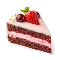 A slice of cake with strawberries and cream photo
