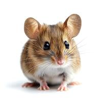 A mouse is standing in front of a white background photo