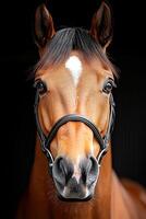 A brown horse with a bridle on it's head photo