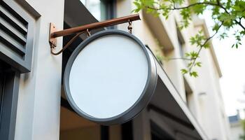 Blank round sign on a store front for your visual brand mockup in a city photo