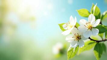 Soft Sunlight Spring Landscape with White Blossoms and Green Leaves photo