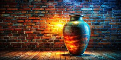 A vase sitting on a wooden floor in front of a brick wall photo
