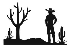 Silhouette Cowboy with Cacti and Plants in Desert Landscape Isolated on White vector