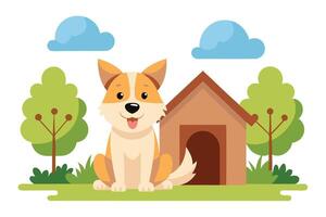 Cartoon Smiling Dog Sitting Near Doghouse on Grass with Tree and Cloud Design vector