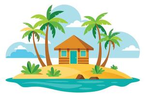 Cartoon Island with Beach Hut and Palm Trees against Light Blue Sky and Clouds vector