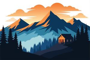 Mountain View with Silhouette of Cabin, Evergreen Trees, and Sunset Sky vector