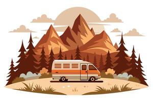 Brown Mountain with Van in a Forest with a Flat Design Style vector