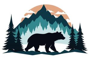 Silhouette Bear Walking Past Pine Trees with Mountain Background vector