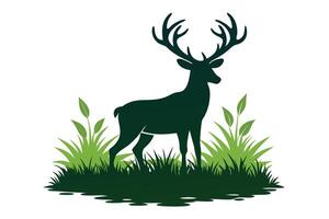 Silhouette Deer with Antlers Standing in Green Grass on White Background vector