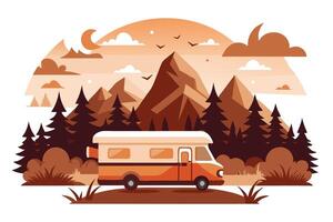 Camper Van at Mountain Forest Landscape in Retro Flat Design with Birds and Crescent Moon vector