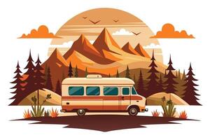 Retro RV Van, Mountain Landscape, Pine Forest, Birds in Flight, White Background vector