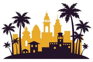 Silhouette Skyline with Golden Buildings and Palm Trees on White vector