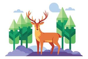 Deer Flat Design in a Forest with Mountains and Clouds on white background vector