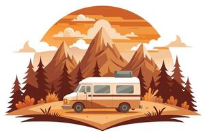 Campervan Illustration, Mountain Backdrop, Serene Landscape, Flat Design Style, Trees vector