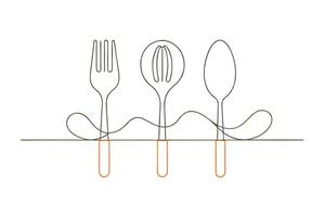 Minimalist Fork, Slotted Spoon, and Spoon Line Art with Orange Handle on White vector