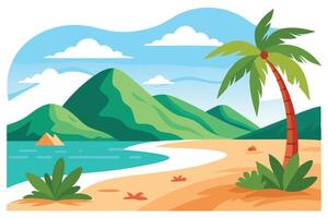 Idyllic Coastline with Palm, Mountains, Sky and Clouds in Bright Cartoon Style vector