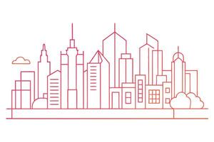 Minimalist cityscape line art, red and orange gradient, skyscraper outline, buildings vector