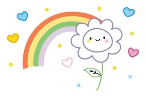Kawaii Rainbow with Smiling Daisy Flower and Hearts on White Background vector