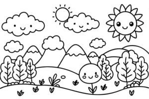 Cute Kawaii Landscape with Smiling Sun, Clouds, Mountains and Trees Outline Art vector