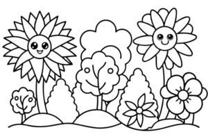 Cute Flowers and Trees Outlines with Smiling Faces in a Landscape on White vector