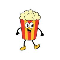 Joyful Popcorn Cartoon Character on White Background, Red and Yellow Striped Bucket vector
