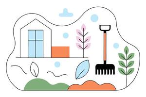 Garden Rake Tool near House with Abstract Land and Plants on White Background vector