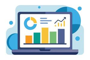 Modern Laptop Displaying Data Charts, Graphs, and Business Statistics on a Clean White Screen vector
